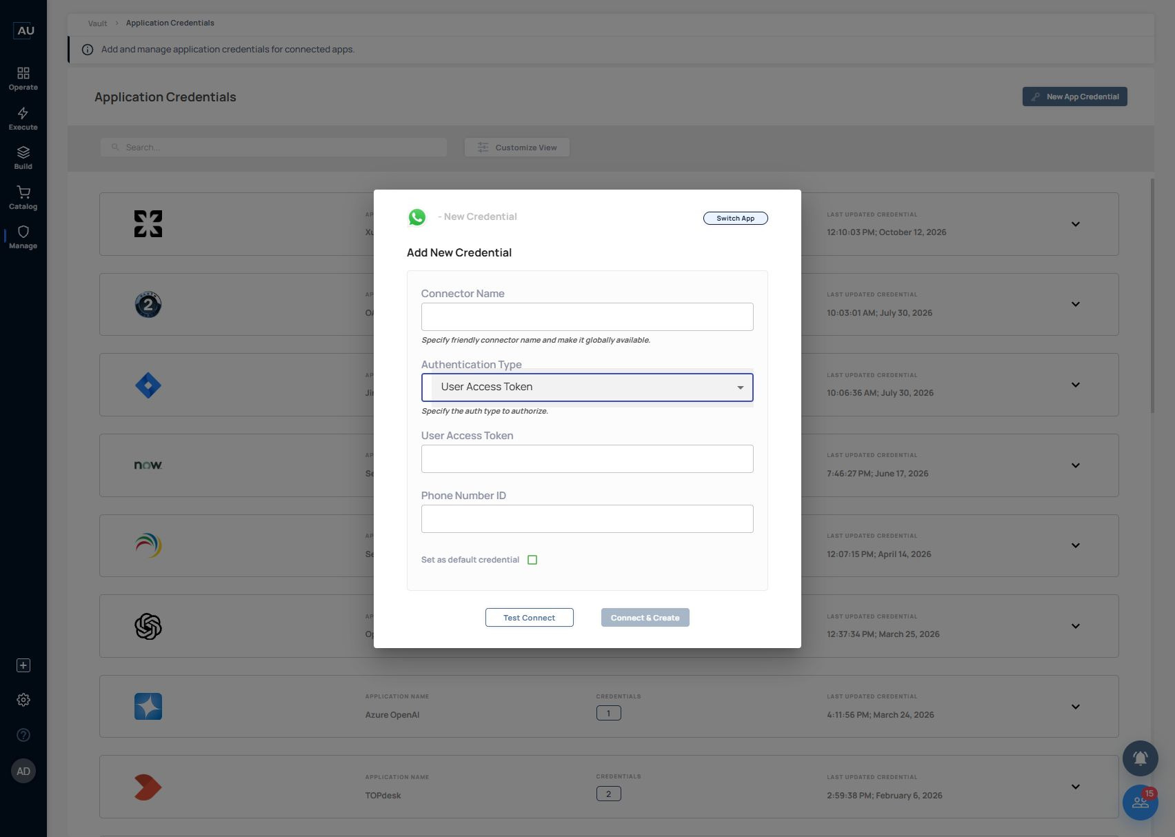 The WhatsApp app-credential form in Vault. Authentication fields are blank and Set as default credential is unchecked.