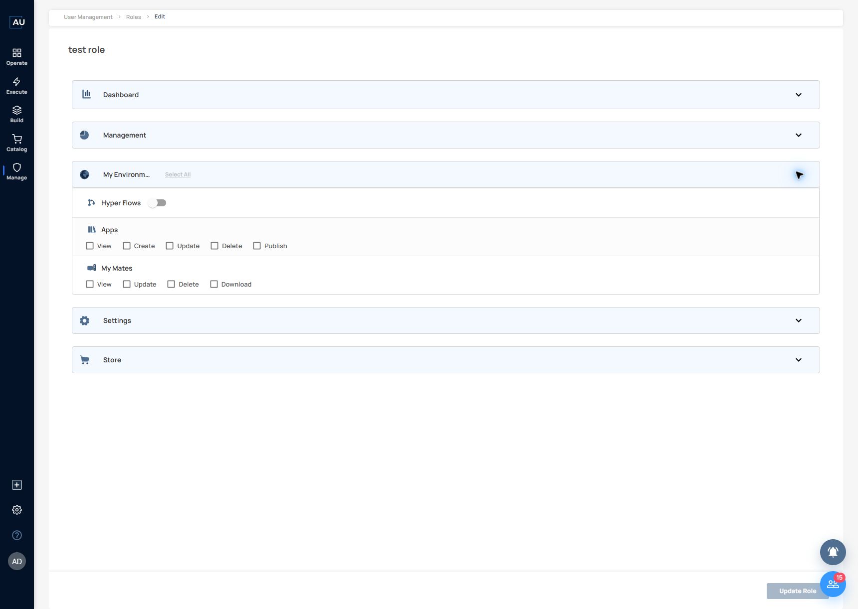 Expand the permission group with its arrow and inspect the activities available for that group. No permissions were changed in this inspection.