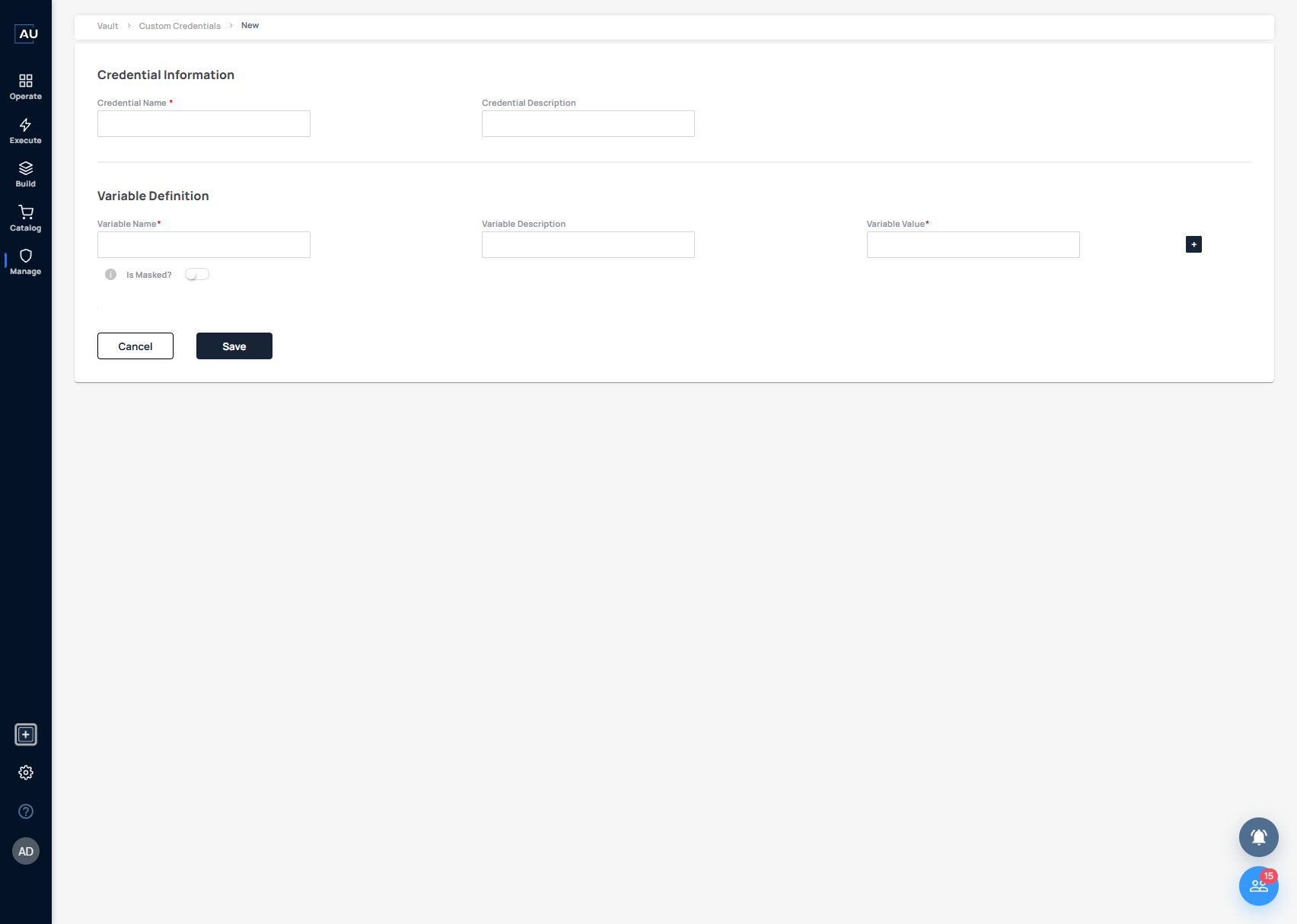 Custom Credentials separates the credential name from its variable definitions. Use Is Masked? for confidential values; this inspection left the form unsaved.
