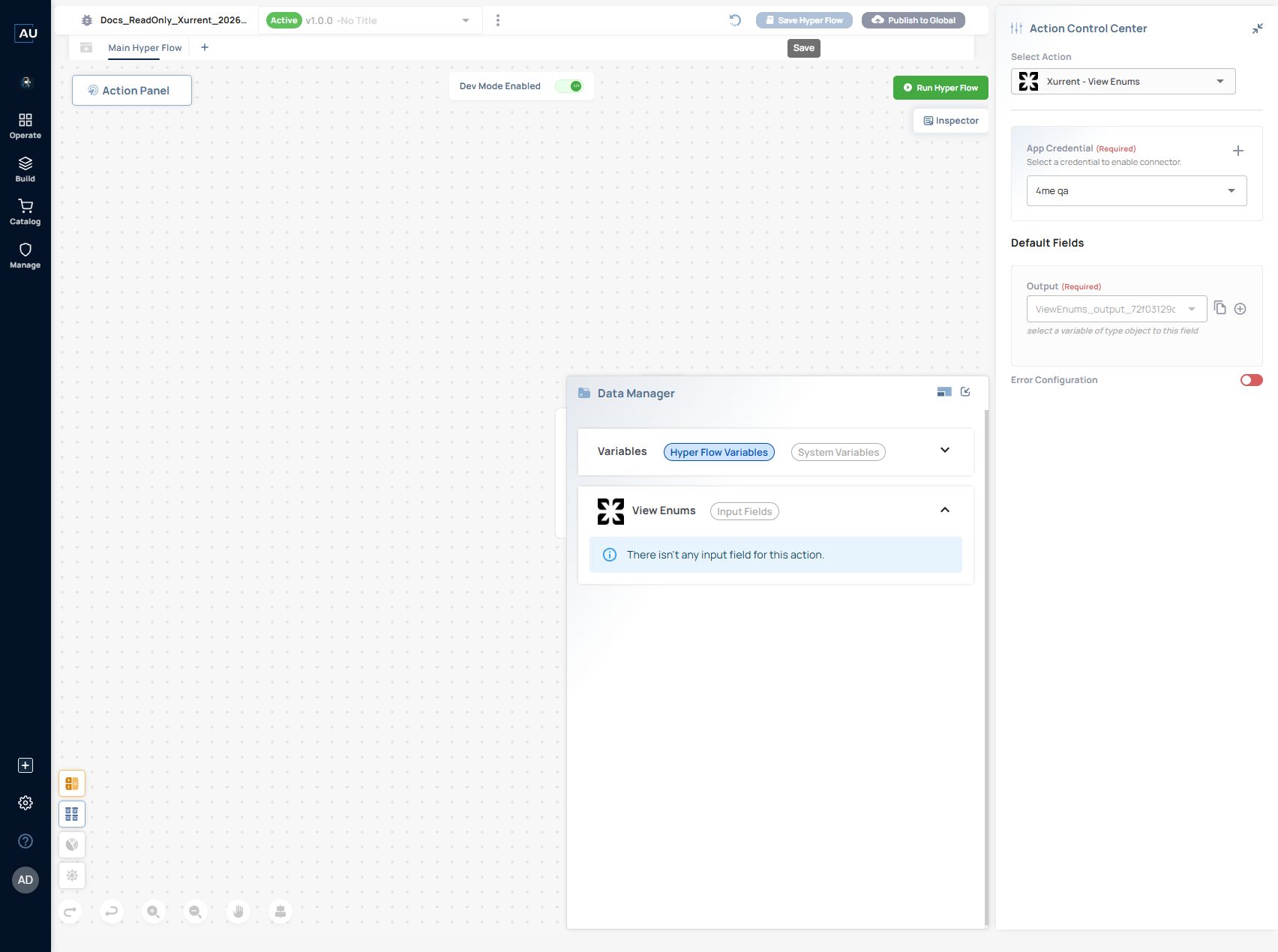 Xurrent View Enums v3.2.8 configured with a test connection and object output; the action has no additional input fields.