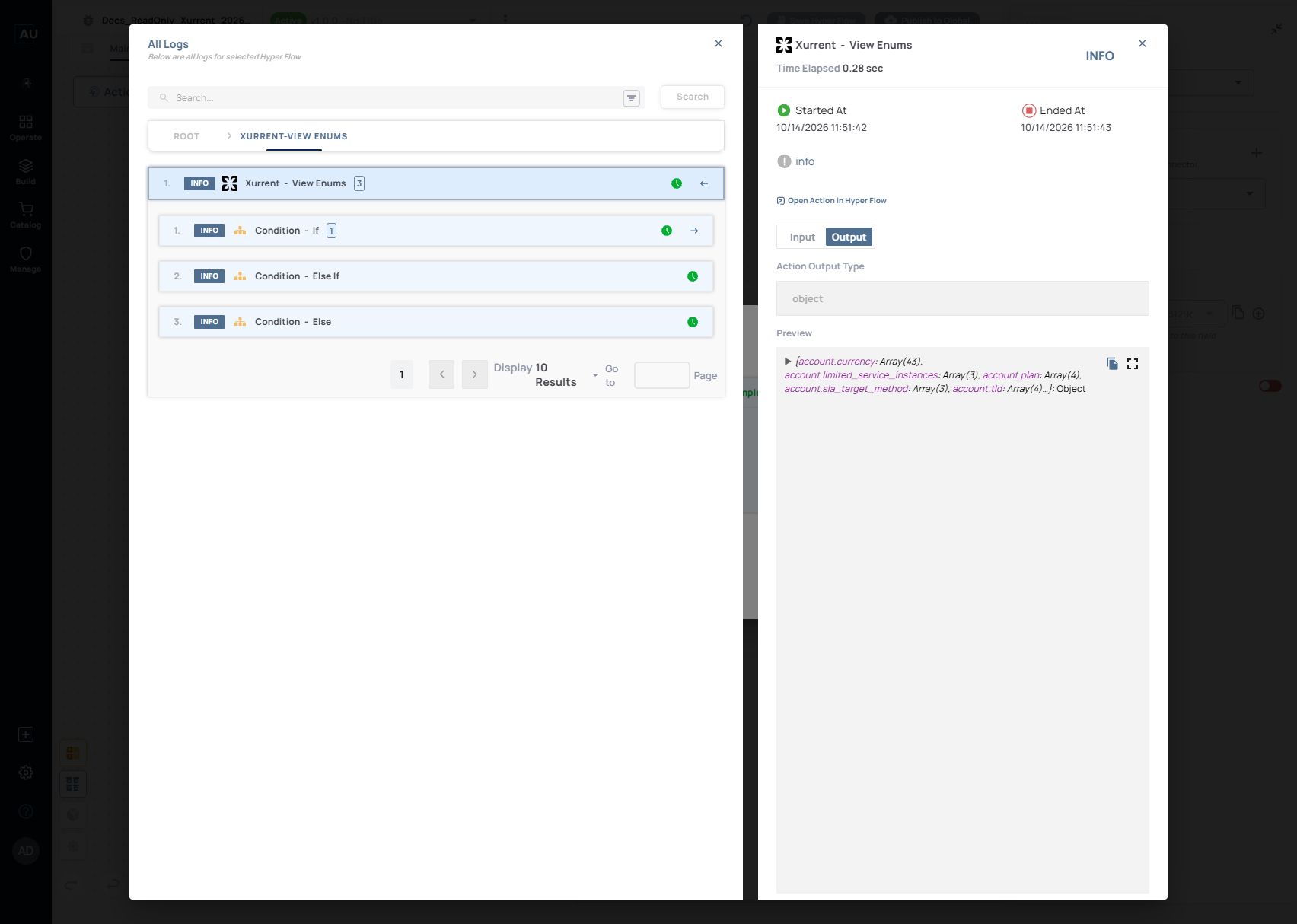 Completed View Enums action with INFO and object output containing Xurrent enumeration arrays.